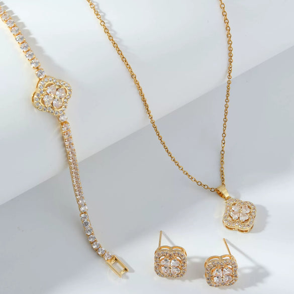 Wholesale Jewelry Copper Inlaid Zircon Fourleaf Clover Plants Flowers Style Electroplating Women's Jewelry Set