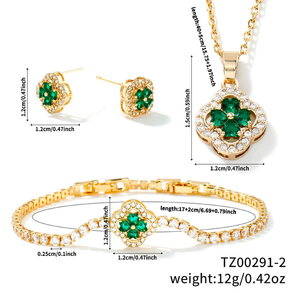 Wholesale Jewelry Copper Inlaid Zircon Fourleaf Clover Plants Flowers Style Electroplating Women's Jewelry Set