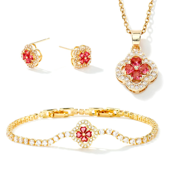 Wholesale Jewelry Copper Inlaid Zircon Fourleaf Clover Plants Flowers Style Electroplating Women's Jewelry Set