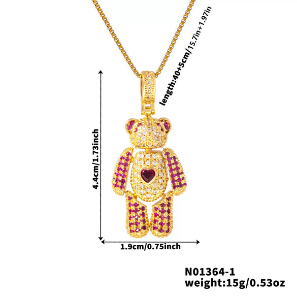 Wholesale Jewelry Copper Inlaid Zircon Heart Bear Pendant Electroplated Necklace With Animal Pattern