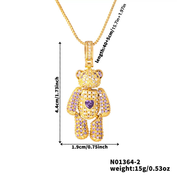 Wholesale Jewelry Copper Inlaid Zircon Heart Bear Pendant Electroplated Necklace With Animal Pattern