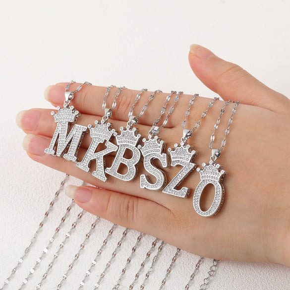 Wholesale Jewelry Copper Inlaid Zircon Letter Crown Hiphop Necklace