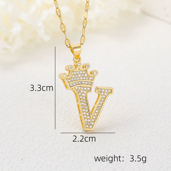 Wholesale Jewelry Copper Inlaid Zircon Letter Crown Hiphop Necklace