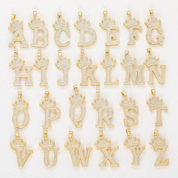 Wholesale Jewelry Copper Inlaid Zircon Letter Crown Hiphop Necklace