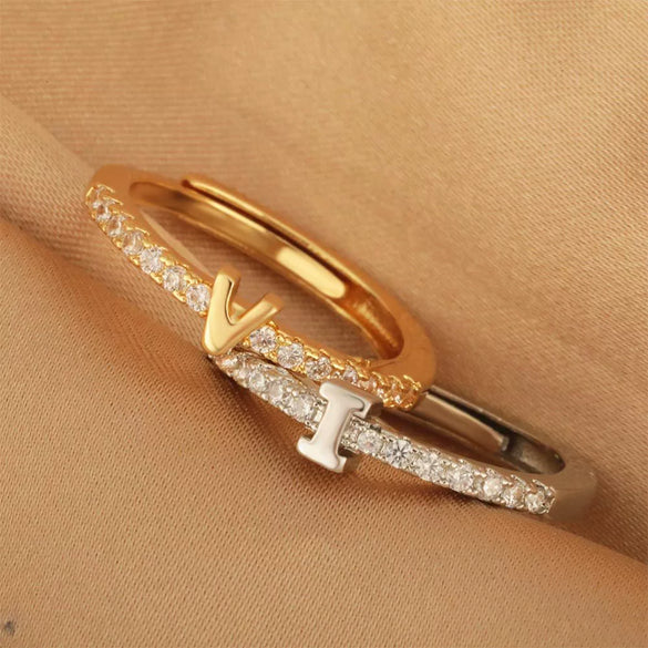 Wholesale Jewelry Copper Inlaid Zircon Open Adjustable Ring With Letter Pattern And Electroplating Process