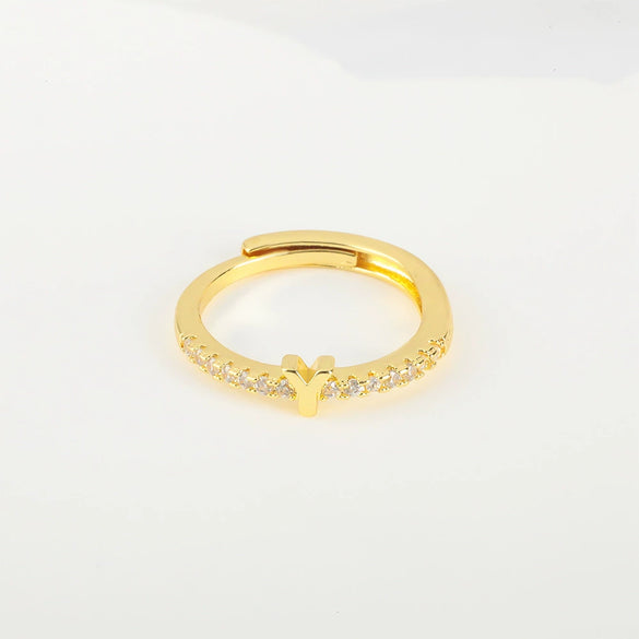 Wholesale Jewelry Copper Inlaid Zircon Open Adjustable Ring With Letter Pattern And Electroplating Process