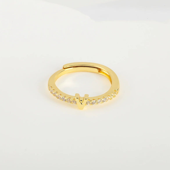 Wholesale Jewelry Copper Inlaid Zircon Open Adjustable Ring With Letter Pattern And Electroplating Process