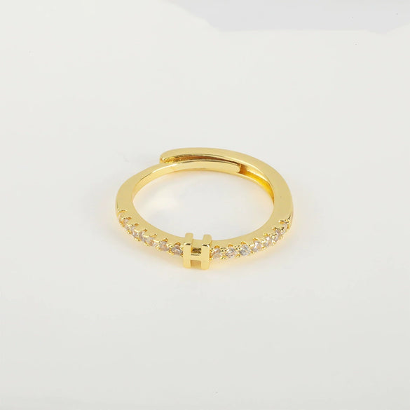 Wholesale Jewelry Copper Inlaid Zircon Open Adjustable Ring With Letter Pattern And Electroplating Process