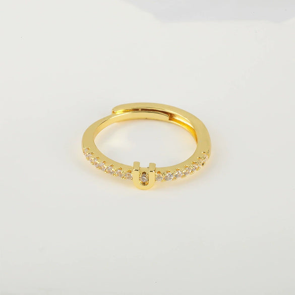 Wholesale Jewelry Copper Inlaid Zircon Open Adjustable Ring With Letter Pattern And Electroplating Process