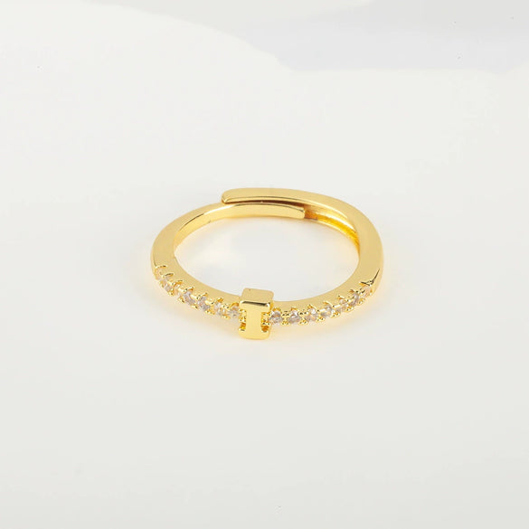 Wholesale Jewelry Copper Inlaid Zircon Open Adjustable Ring With Letter Pattern And Electroplating Process