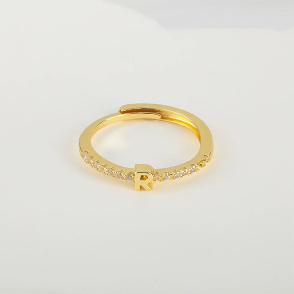 Wholesale Jewelry Copper Inlaid Zircon Open Adjustable Ring With Letter Pattern And Electroplating Process