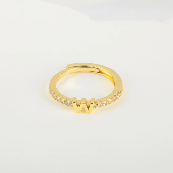 Wholesale Jewelry Copper Inlaid Zircon Open Adjustable Ring With Letter Pattern And Electroplating Process