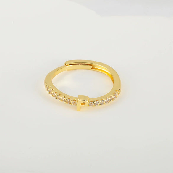 Wholesale Jewelry Copper Inlaid Zircon Open Adjustable Ring With Letter Pattern And Electroplating Process