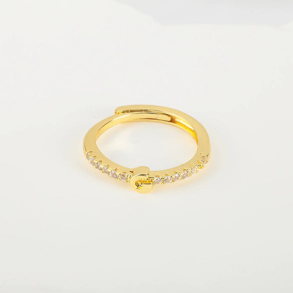 Wholesale Jewelry Copper Inlaid Zircon Open Adjustable Ring With Letter Pattern And Electroplating Process
