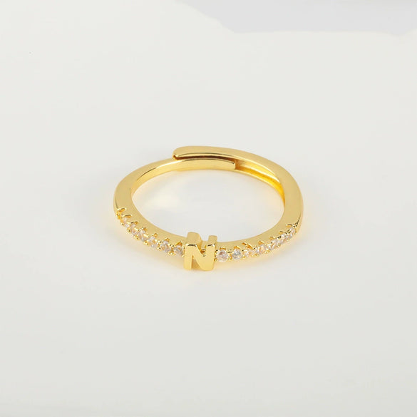 Wholesale Jewelry Copper Inlaid Zircon Open Adjustable Ring With Letter Pattern And Electroplating Process