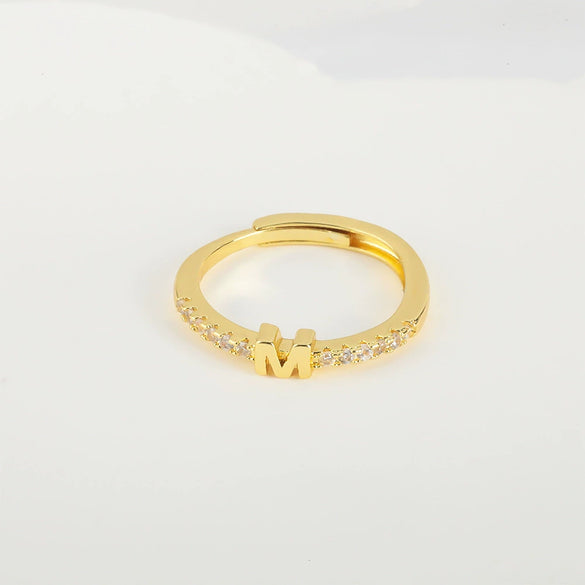 Wholesale Jewelry Copper Inlaid Zircon Open Adjustable Ring With Letter Pattern And Electroplating Process