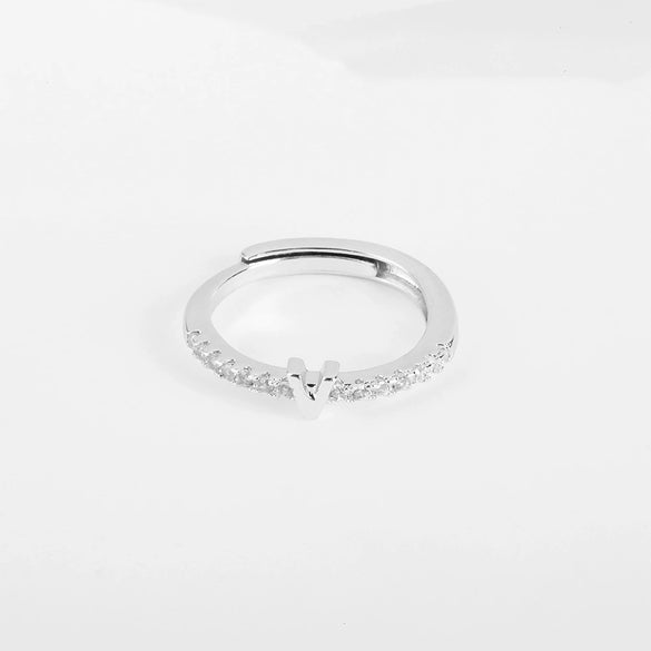 Wholesale Jewelry Copper Inlaid Zircon Open Adjustable Ring With Letter Pattern And Electroplating Process