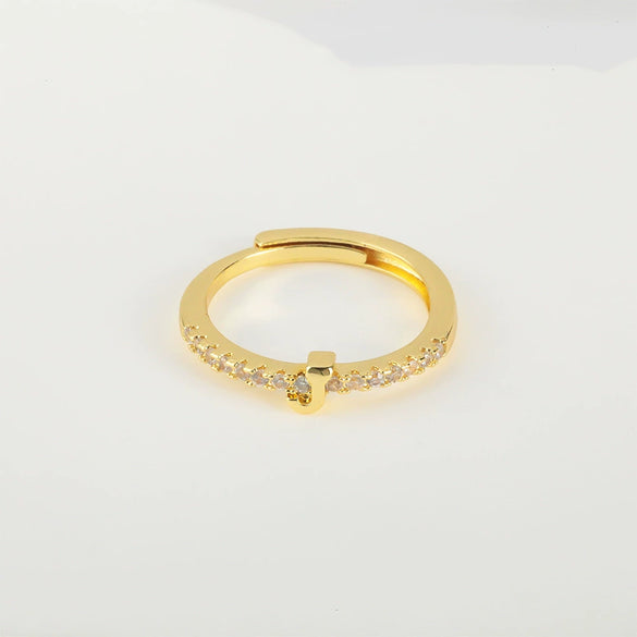 Wholesale Jewelry Copper Inlaid Zircon Open Adjustable Ring With Letter Pattern And Electroplating Process