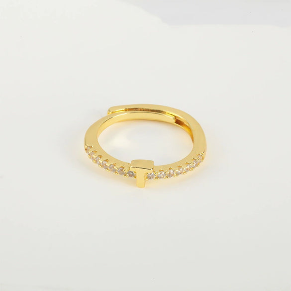 Wholesale Jewelry Copper Inlaid Zircon Open Adjustable Ring With Letter Pattern And Electroplating Process