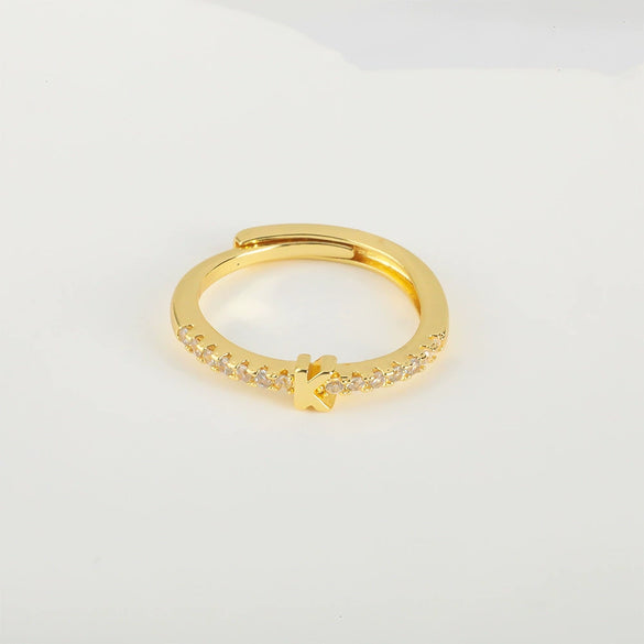 Wholesale Jewelry Copper Inlaid Zircon Open Adjustable Ring With Letter Pattern And Electroplating Process
