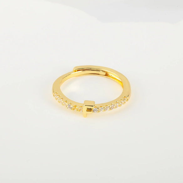 Wholesale Jewelry Copper Inlaid Zircon Open Adjustable Ring With Letter Pattern And Electroplating Process