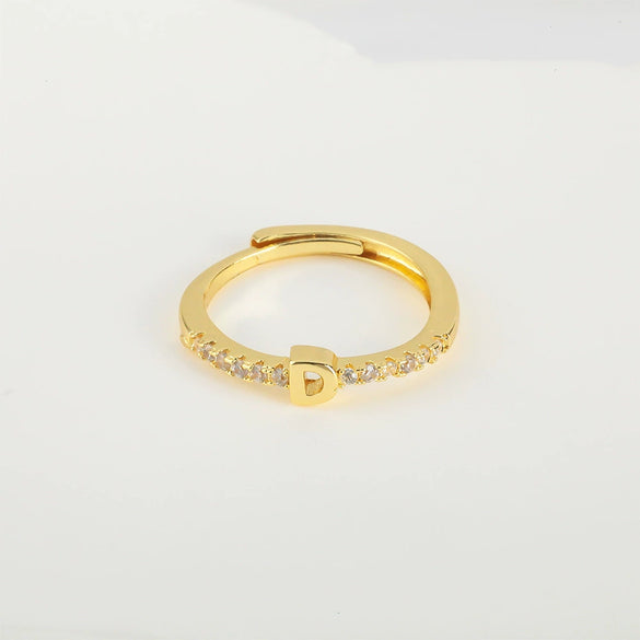 Wholesale Jewelry Copper Inlaid Zircon Open Adjustable Ring With Letter Pattern And Electroplating Process