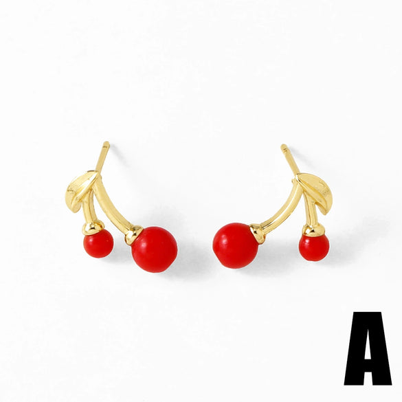 Wholesale Jewelry Copper 18K Gold Plated Fruit Cherry Inlaid Zircon Earrings