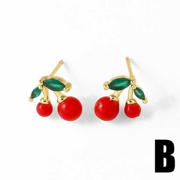 Wholesale Jewelry Copper 18K Gold Plated Fruit Cherry Inlaid Zircon Earrings