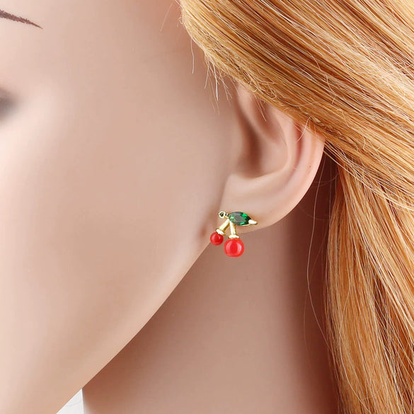 Wholesale Jewelry Copper 18K Gold Plated Fruit Cherry Inlaid Zircon Earrings