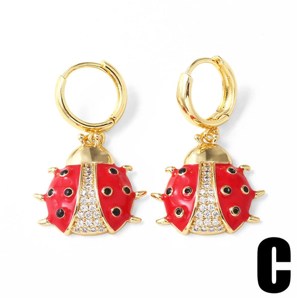 Wholesale Jewelry Copper 18K Gold Plated Insect Rose Cherry Geometric Fruit Earrings For Women