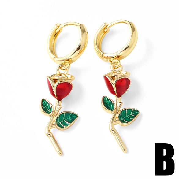 Wholesale Jewelry Copper 18K Gold Plated Insect Rose Cherry Geometric Fruit Earrings For Women