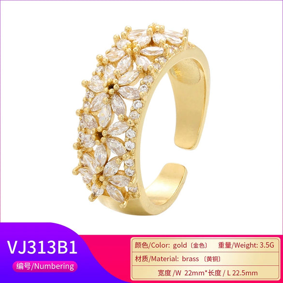 Wholesale Jewelry Copper Light Luxury Geometric And Floral Microinlaid Zircon Open Ring With Electroplating For Women