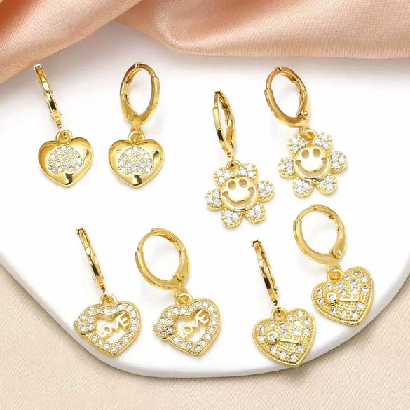 Wholesale Jewelry Copper Love Heart Pendant Earrings Gold Plated Sunflower Smiley Face With Zircon Electroplating For Women