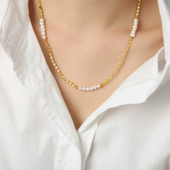 Wholesale Jewelry Copper Material Freshwater Pearl Geometric Stitching Necklace With Electroplating Treatment For Women