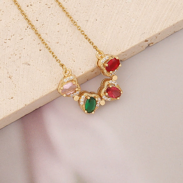 Wholesale Jewelry Copper Micropaved Zircon Rainbow Heart Clavicle Chain With Fashion Leaf Pendant Electroplated