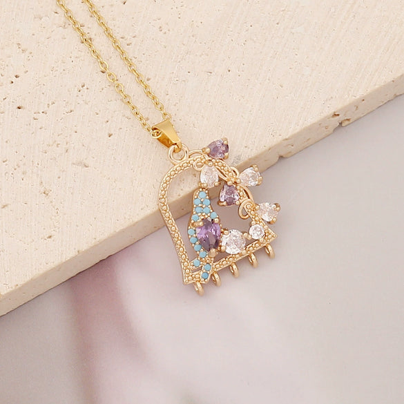 Wholesale Jewelry Copper Micropaved Zircon Rainbow Heart Clavicle Chain With Fashion Leaf Pendant Electroplated