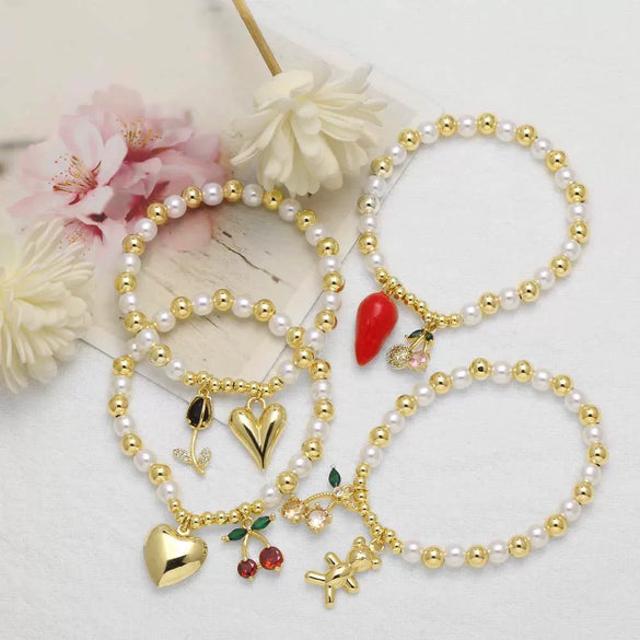 Wholesale Jewelry Copper Minimalist Heart Shape Pendant Pearl Bracelet With Electroplating