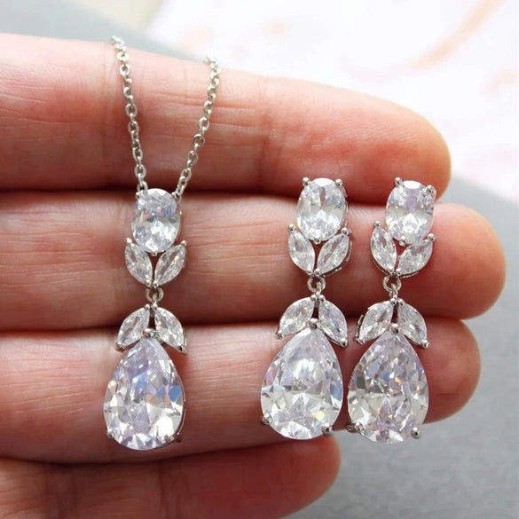 Wholesale Jewelry Copper Natural Plants And Flowers Inlay O Chain Women's Horse Eye Water Drops Necklace Earrings Set