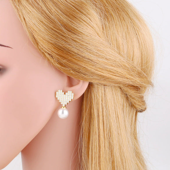 Wholesale Jewelry Copper Pearl Heart Shape Geometric Gold Plated Earrings For Women