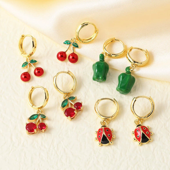Wholesale Jewelry Copper Plated Gold Fruit Cherry Insect Pendant Earrings For Women With Electroplating
