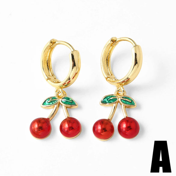 Wholesale Jewelry Copper Plated Gold Fruit Cherry Insect Pendant Earrings For Women With Electroplating