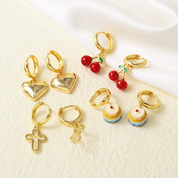 Wholesale Jewelry Copper Plated Gold Fruit Love Cross Earrings For Women