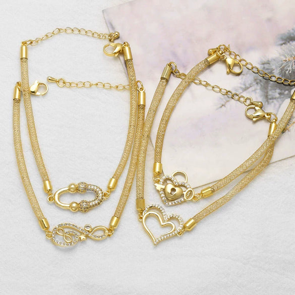 Wholesale Jewelry Copper Plated Gold Love Bracelet With Heart And Flower Shapes