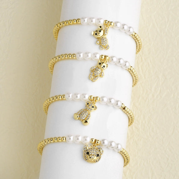 Wholesale Jewelry Copper Plated 18K Gold Animal Beaded Bear Pendant Bracelet Unisex Electroplating