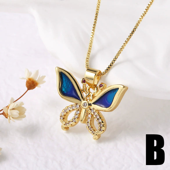 Wholesale Jewelry Copper Plated 18K Gold Butterfly Pendant Necklace With Geometric Pattern And Box Chain