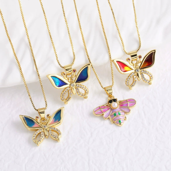 Wholesale Jewelry Copper Plated 18K Gold Butterfly Pendant Necklace With Geometric Pattern And Box Chain