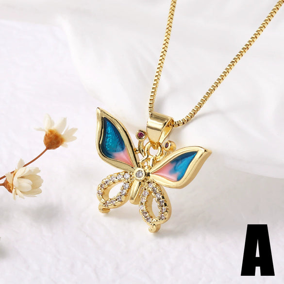 Wholesale Jewelry Copper Plated 18K Gold Butterfly Pendant Necklace With Geometric Pattern And Box Chain
