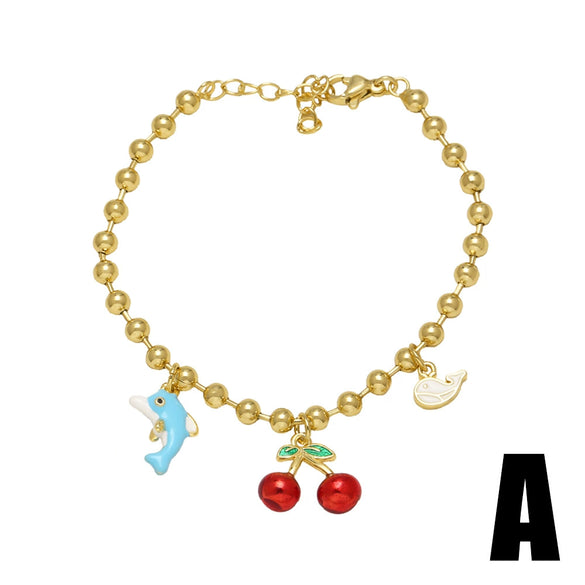 Wholesale Jewelry Copper Plated 18K Gold Fruit Cherry Dolphin Beaded Bracelet