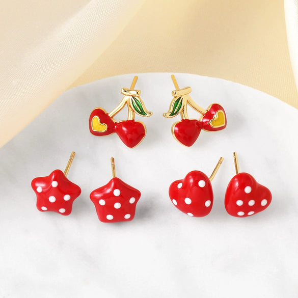 Wholesale Jewelry Copper Plated 18K Gold Fruit Cherry Star Earrings Electroplating