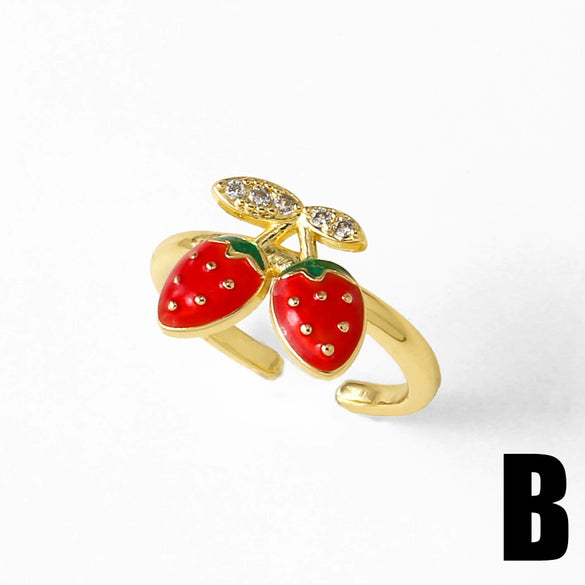 Wholesale Jewelry Copper Plated 18K Gold Fruit Strawberry Cherry Ring